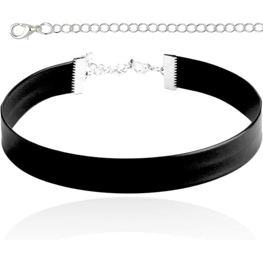 Black Leather Choker Necklace for Women - Plain, Goth Style, Sexy Neck Collar